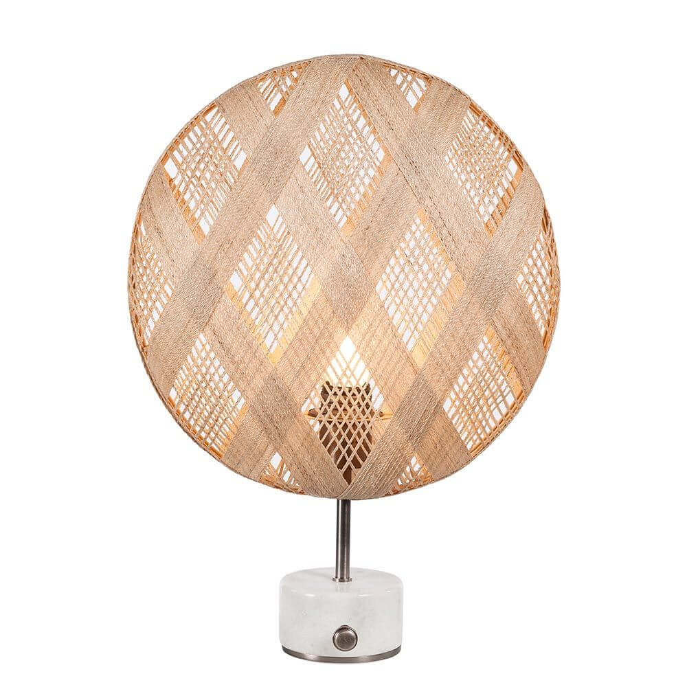 Forestier Tischleuchte Chanpen Diamond mit hanffasern bespanntem Schirm und Drehdimmer.