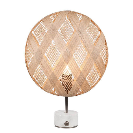 Forestier Tischleuchte Chanpen Diamond mit hanffasern bespanntem Schirm und Drehdimmer.