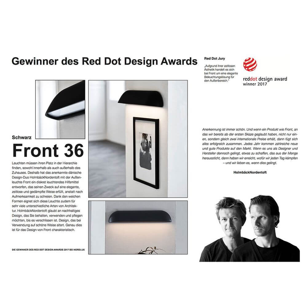 Vinner av Red Dot Design Award, Front 36 LED utendørs vegglampe IP44 svart i moderne omgivelser.