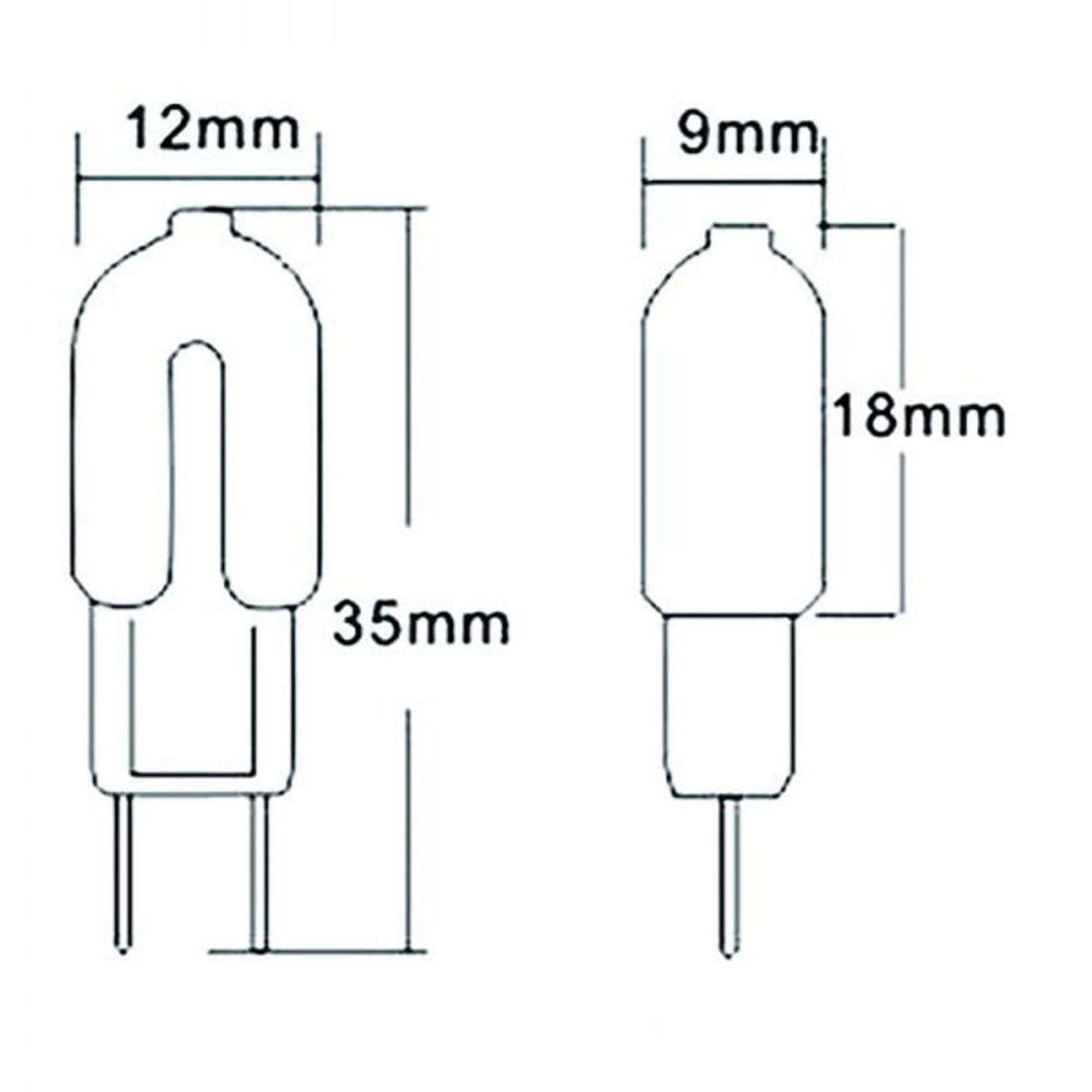 G4 LED 1,2W Warmweiß 110 lm Maßzeichnung der Lampe mit Abmessungen 12mm und 18mm.