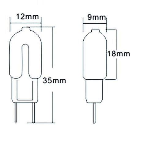 G4 LED 1,2W Warmweiß 110 lm Maßzeichnung der Lampe mit Abmessungen 12mm und 18mm.