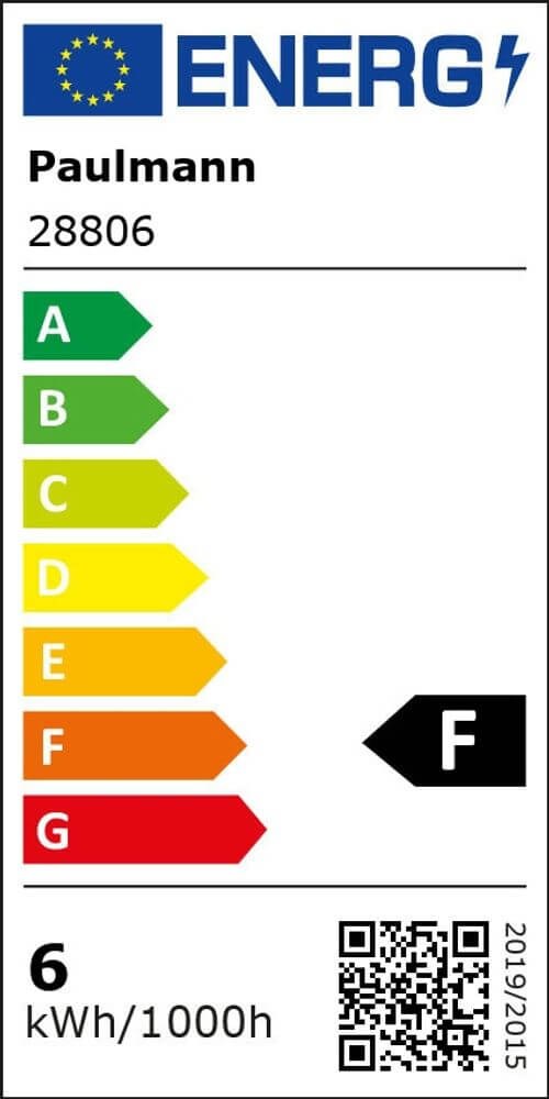 Energieeffizienzlabel von Paulmann für G9 6W LED Stiftsockel 2700K Dimmbar Weiß, Klar, F-Klasse.