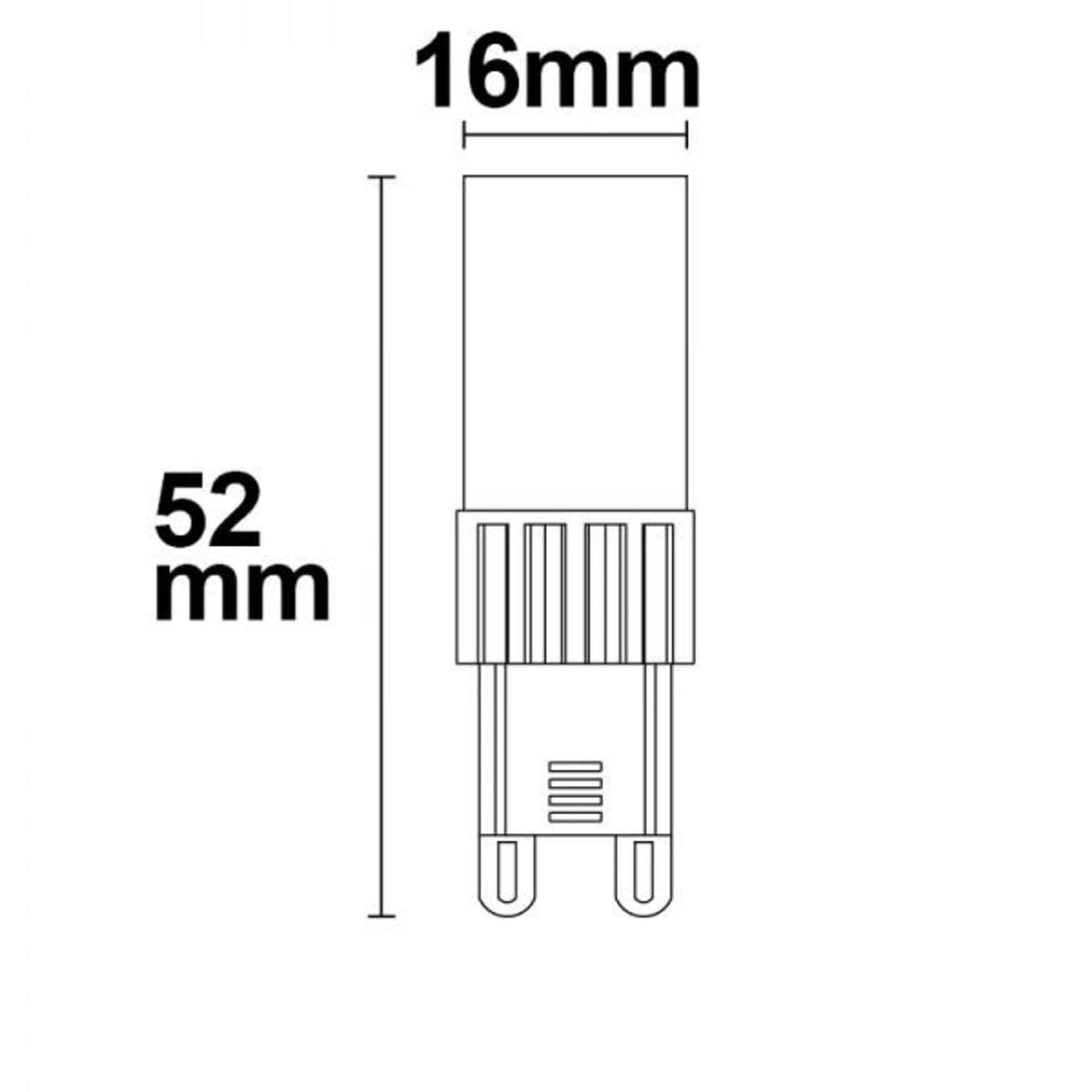 G9 LED Warmweiß 3000K 410 lm 3,5W Maßzeichnung mit Abmessungen 16mm x 52mm.