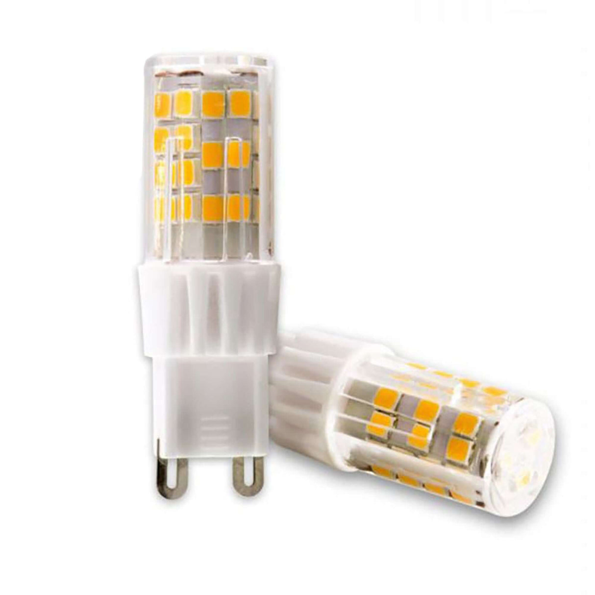 G9 LED Warmweiß 3000K 410 lm 3,5W, zwei LED-Lampen in einem klaren Gehäuse.