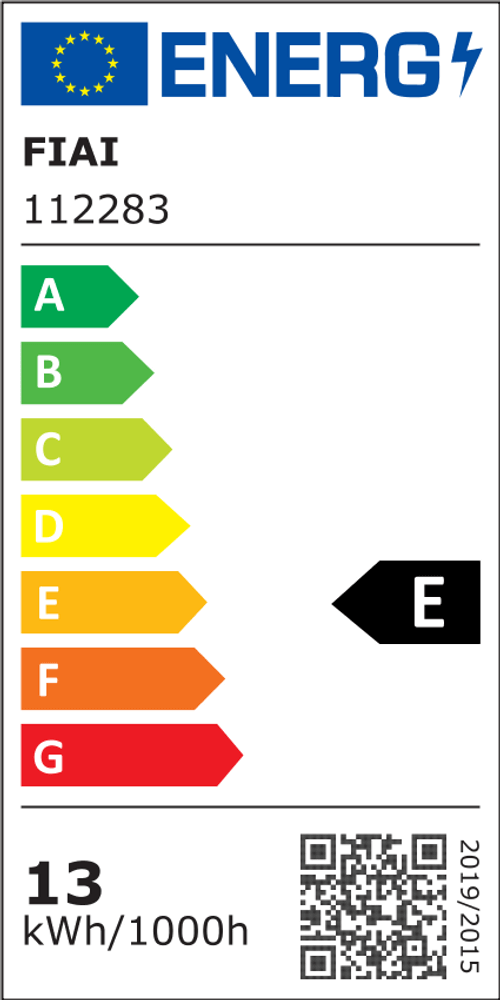 Energieeffizienzlabel mit Wert E und Verbrauch von 13 kWh/1000h.