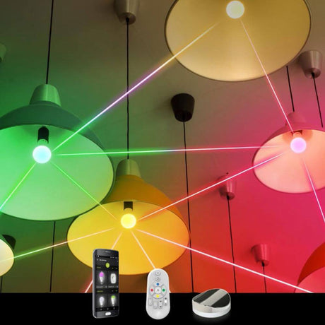 Colorful GU10 LED lights in ceiling lamps with remote control for intelligent lighting control.