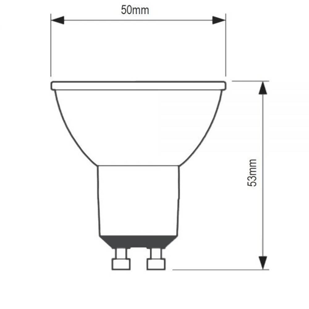 Skizze eines GU10 LED Dim2warm Sunset Warmweiß 2200-3000K 345lm 5W Dimmbar Leuchtmittels mit Abmessungen.