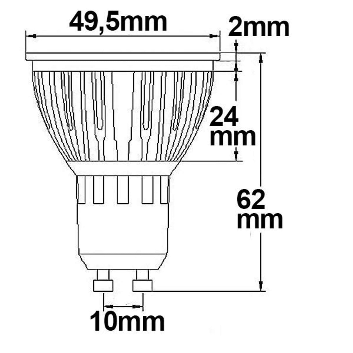 Technische Zeichnung des GU10 LED Strahler 5,5W COB 38° kaltweiß dimmbar mit Abmessungen.