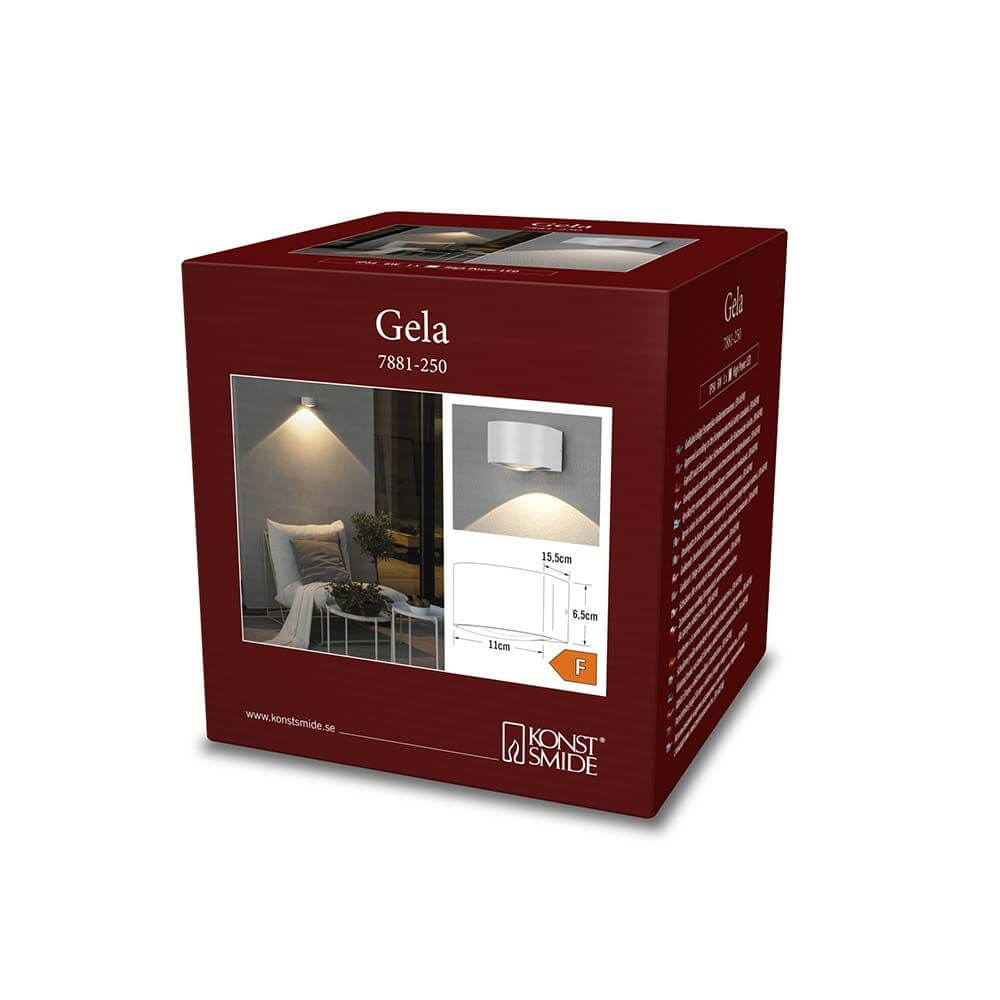 Verpackung der Gala LED Außen Wandleuchte Downlight in Weiß mit Kristall-Linsen von KONSTSMIDE.
