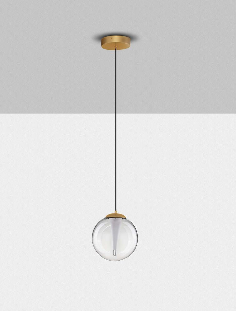 Alt Tag: Galeo Pendelleuchte Ø 22cm 3000K Gold, filigrane Gold-Pendelleuchte mit transparentem Glas, warmweißes Licht über Esstisch