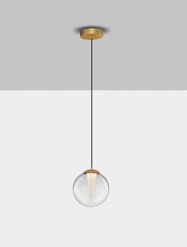 Alt Tag: Galeo Pendelleuchte Ø 22cm 3000K Gold - goldene Hängelampe mit klarem Glas und warmweißem Licht für Ess- und Wohnbereich