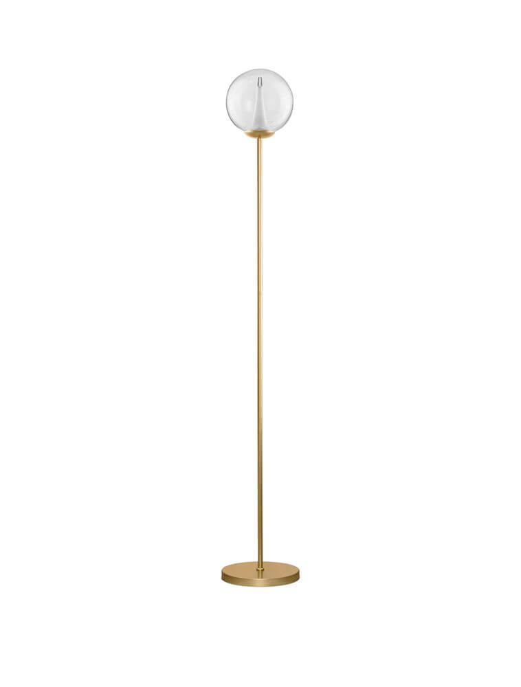 Galeo Stehlampe 3000K Gold mit schlankem Aluminiumfuß und zylindrischem Glasschirm in elegantem Goldfinish.