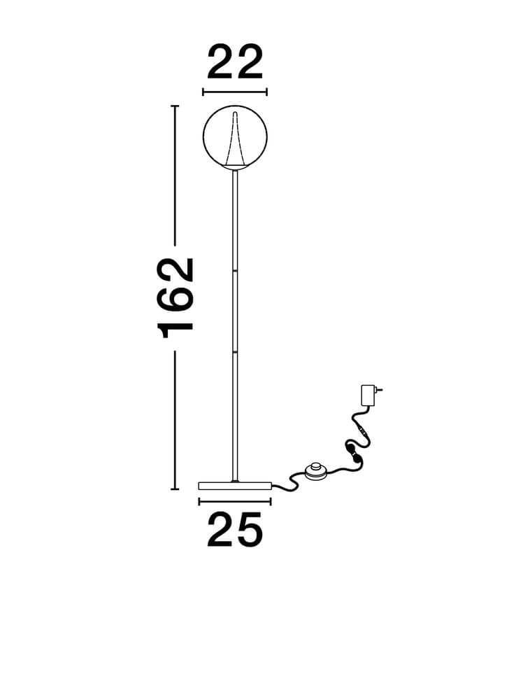 Galeo Stehlampe 3000K Gold Maßzeichnung mit Höhe 162 cm, Durchmesser 22 cm und Breite 25 cm.