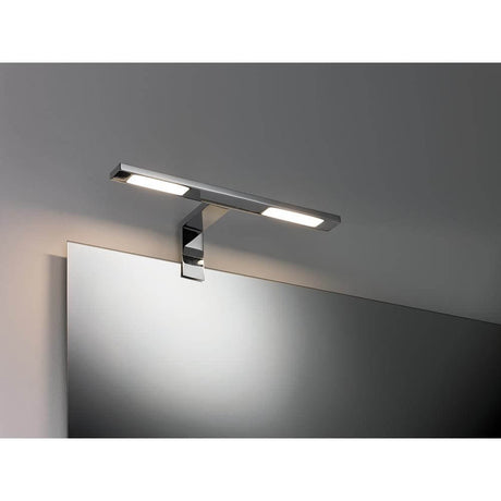 Galeria mirror and cabinet light LED Double Hook 2x3.2W chrome mounted on a mirror.