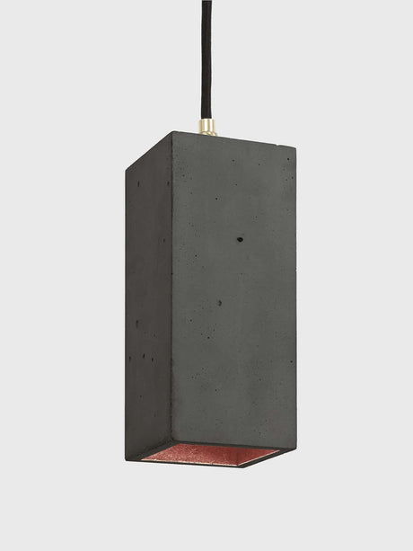 Gantlights B2 Pendelleuchte Rechteckig aus hellem Beton, schwarze Außenseite, kupferfarbene Innenbeschichtung, moderne Hängelampe