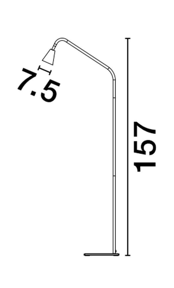 Geko Stehlampe Schwarz, Gold - Maßzeichnung der 157 cm hohen Stehleuchte mit flexiblem Gelenk und akzentuierendem Design.