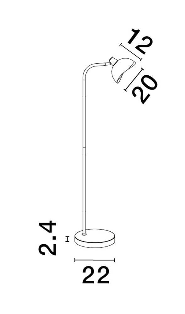 Geti Stehlampe Schwarz, Gold in minimalistischer Designzeichnung mit Maßangaben.
