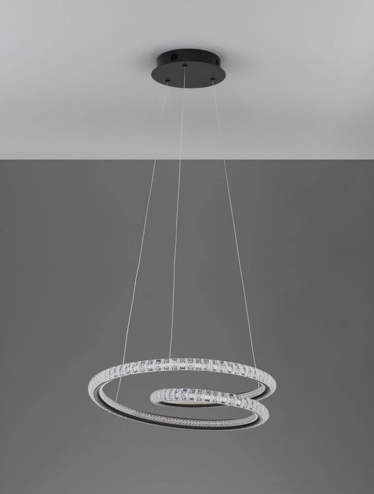 Ginevra LED Pendelleuchte Ø 48cm 3000K Schwarz in modernem Design mit spiralförmigen LED-Ringen.