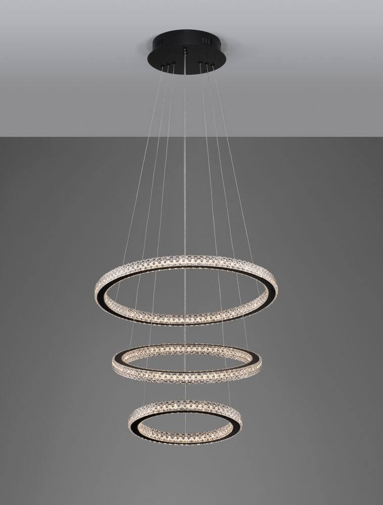 Ginevra LED Pendelleuchte 3-flammig Ø 51cm 3000K Schwarz mit schwebenden Ringen in elegantem Design.