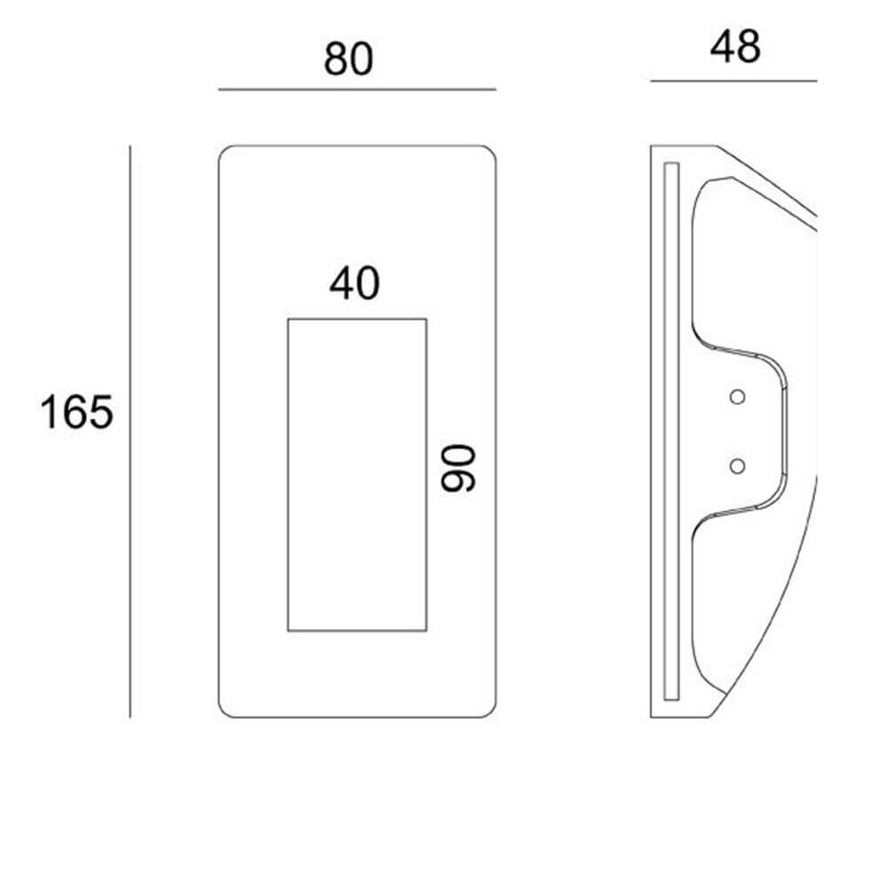Technische Zeichnung des Gips-Einbaustrahlers rechteckig 16,5 x 8cm Streichbar mit Abmessungen.