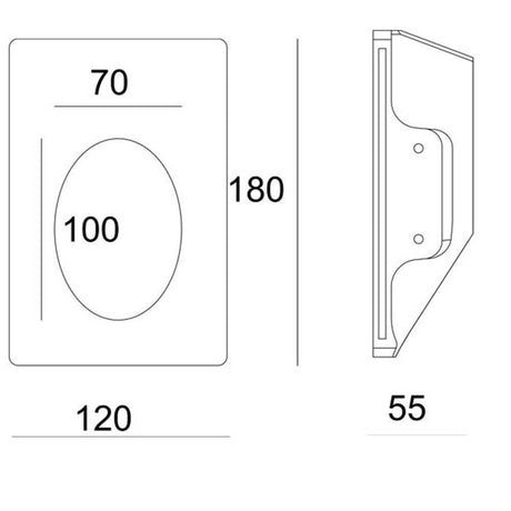 Technical drawing for the rectangular plaster recessed spotlight 18 x 12 cm paintable with dimensions.