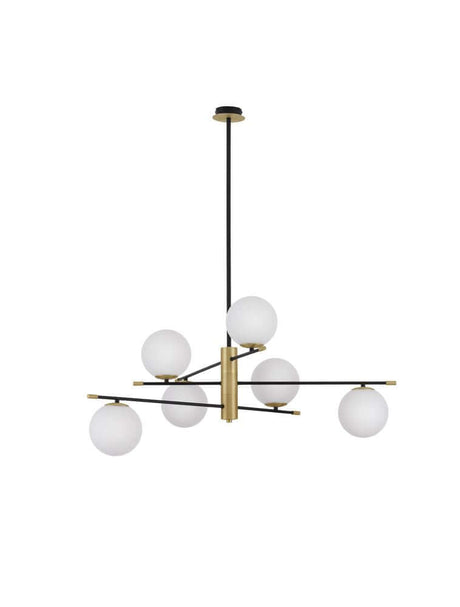 Suspension Git à 6 lampes Ø 100 cm or, blanc, noir avec des globes en verre opalin et un design moderne.