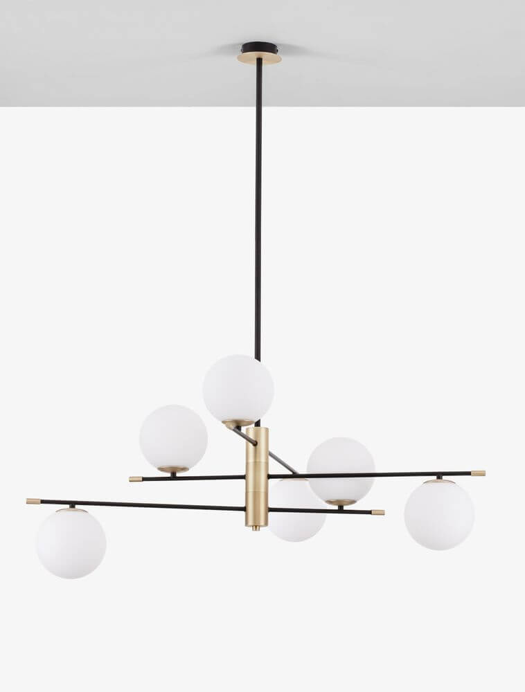 Git Pendelleuchte 6-flammig Ø 100cm Gold, Weiß, Schwarz mit opalen Glasgloben und modernem Design.