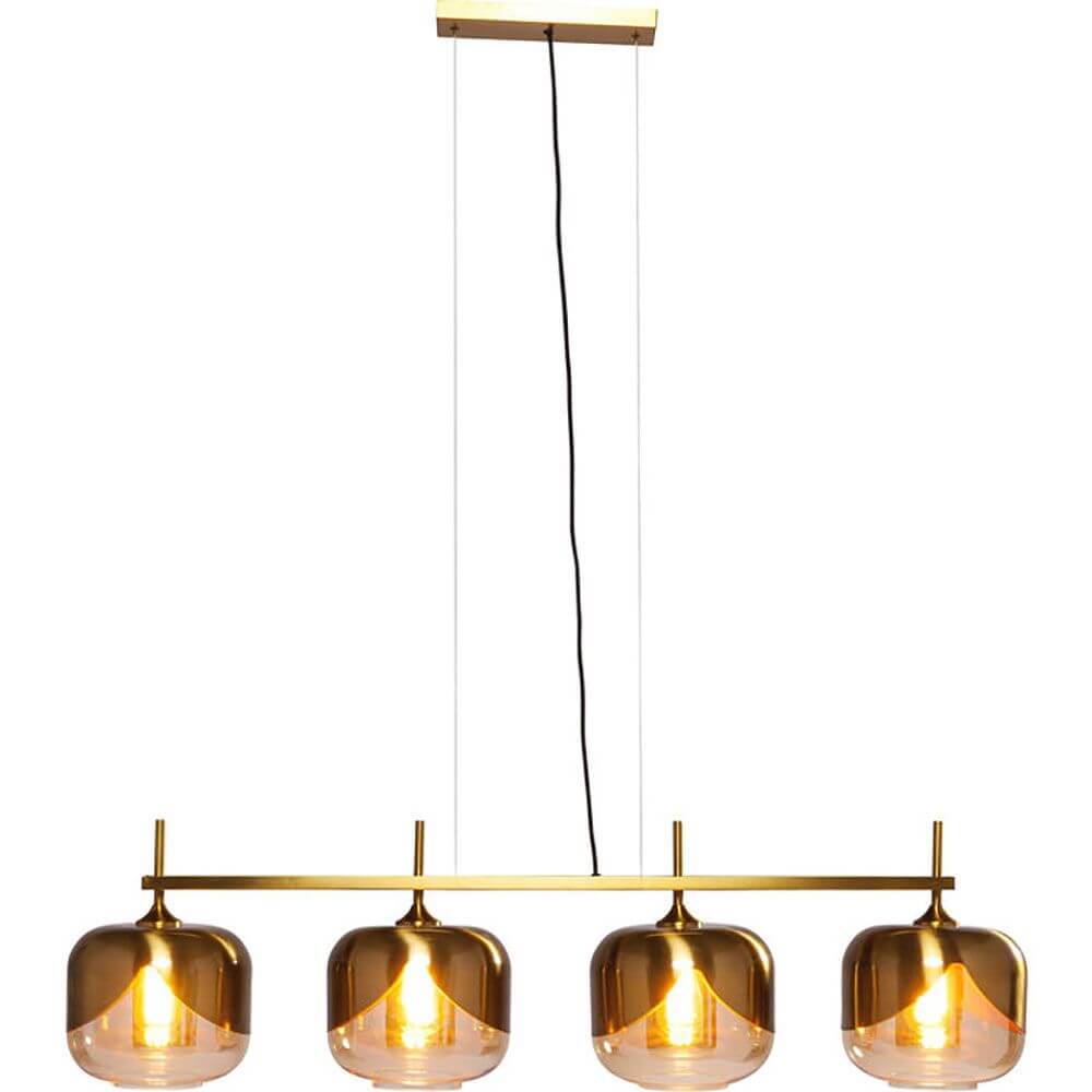 Glamuröse Hängeleuchte Goblet Quattro Gold mit vier Lampenschirmen und Messing-Finish für elegante Esstischbeleuchtung.
