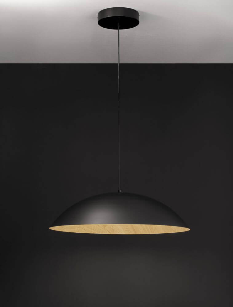 Glim LED Pendelleuchte Ø 58cm 3000K, moderne Aluminium-Pendelleuchte in Schwarz-Holz-Design.