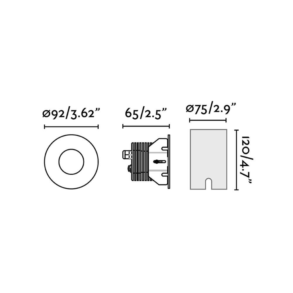 Technische Zeichnung des Grund Edelstahl LED Bodeneinbaustrahlers 13W IP67 Schwarz mit Abmessungen.