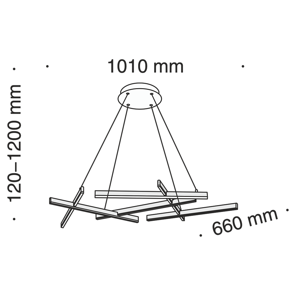Hängelampe Lines mit LED-Stäben 100cm 4500lm Schwarz – Detailmaßzeichnungen zur Aufhängung und Abmessungen.