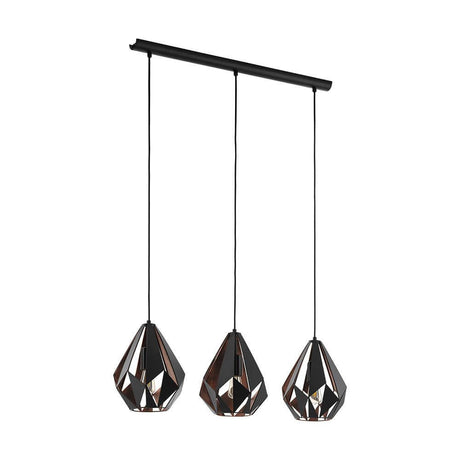 Hängeleuchte 3-flammig Schwarz Kupfer Carlton 1 mit drei gläsernen Pendelleuchten in modernem Design.