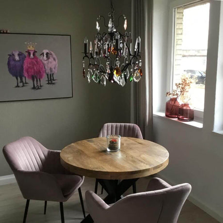 Taklampe med 4 lyskilder Symphonie Color Bronze, blykrystall over et rundt bord i en moderne spisestue.
