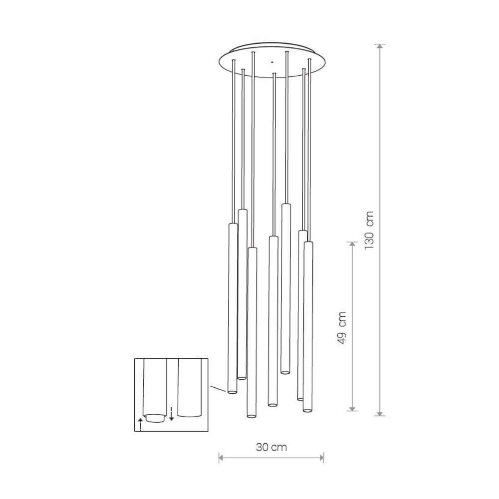 Pendelleuchte Laser 7-flg. Ø 30cm Weiß – technische Zeichnung mit Abmessungen und Details.