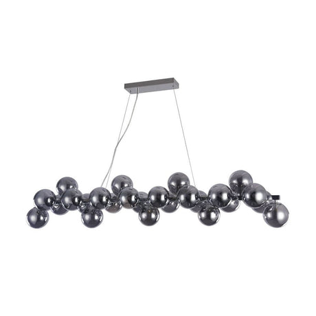 Modern dining table lamp Glob 120 cm chrome 25 smoke glasses with spherical lampshades made of tinted glass.
