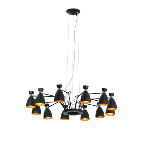 Hängeleuchte RETRO 12-flammig Schwarz mit schwarzem Design und goldenen Akzenten, ideal für moderne Innenräume.