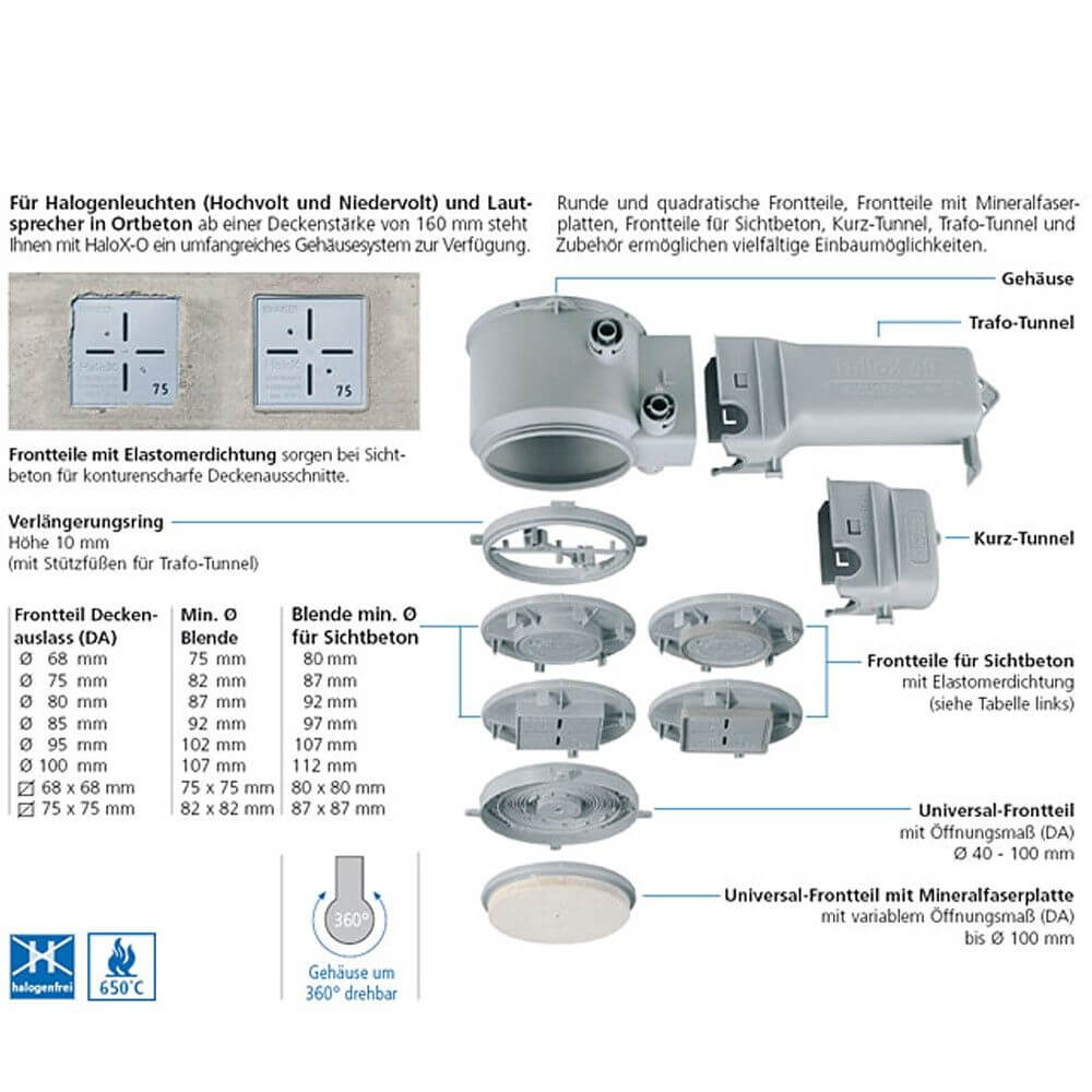 Kaiser HaloX-o Einbaugehäuse mit Universalfrontteil und Zubehör für Halogenleuchten in Decken und Wänden.