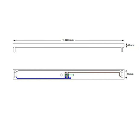 Technische Zeichnung der Halterung für T8 Röhre 150 verkabelt mit Abmessungen von 1540 mm x 40 mm x 50 mm.