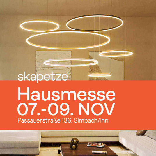 Einladungsbanner zur Hausmesse von skapetze mit modernen Leuchten, 07.-09. Nov, Passauerstraße 136, Simbach/In.
