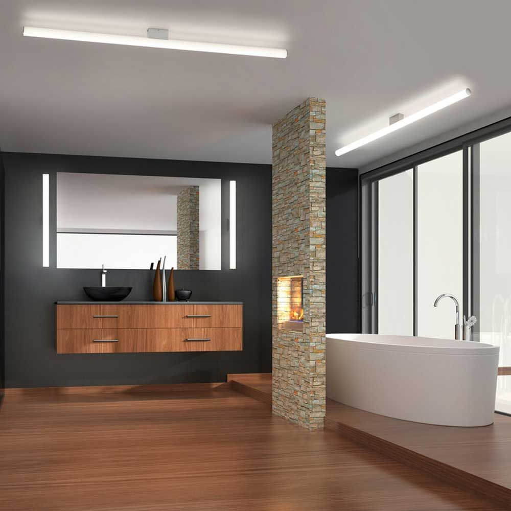 LED Bad Spiegelleuchte Loom 90cm 1710lm Schwarz Warmweiß in modernem Badezimmer-Design.