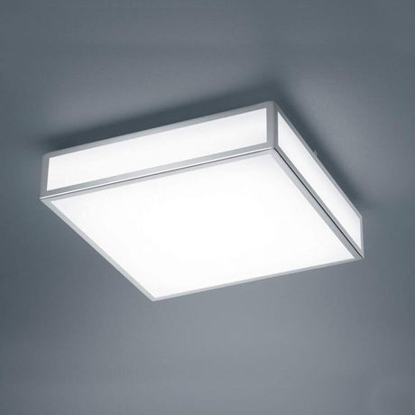 LED Deckenbadleuchte Zelo 1440lm IP44 - quadratische Deckenleuchte mit satinierter Glasabdeckung und verchromtem Rahmen.