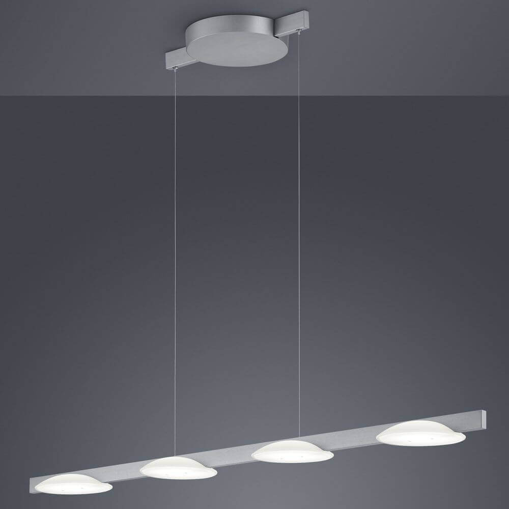LED Hängelampe Pole Nickel-Matt mit vier satinierten Leuchten, ideal für Esszimmer und Konferenzräume.
