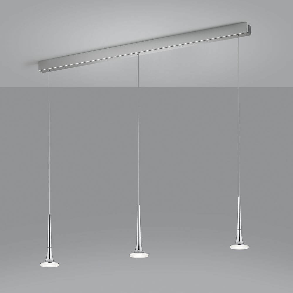 LED Pendelleuchte Flute Chrom mit drei hängenden Leuchten in modernem Design