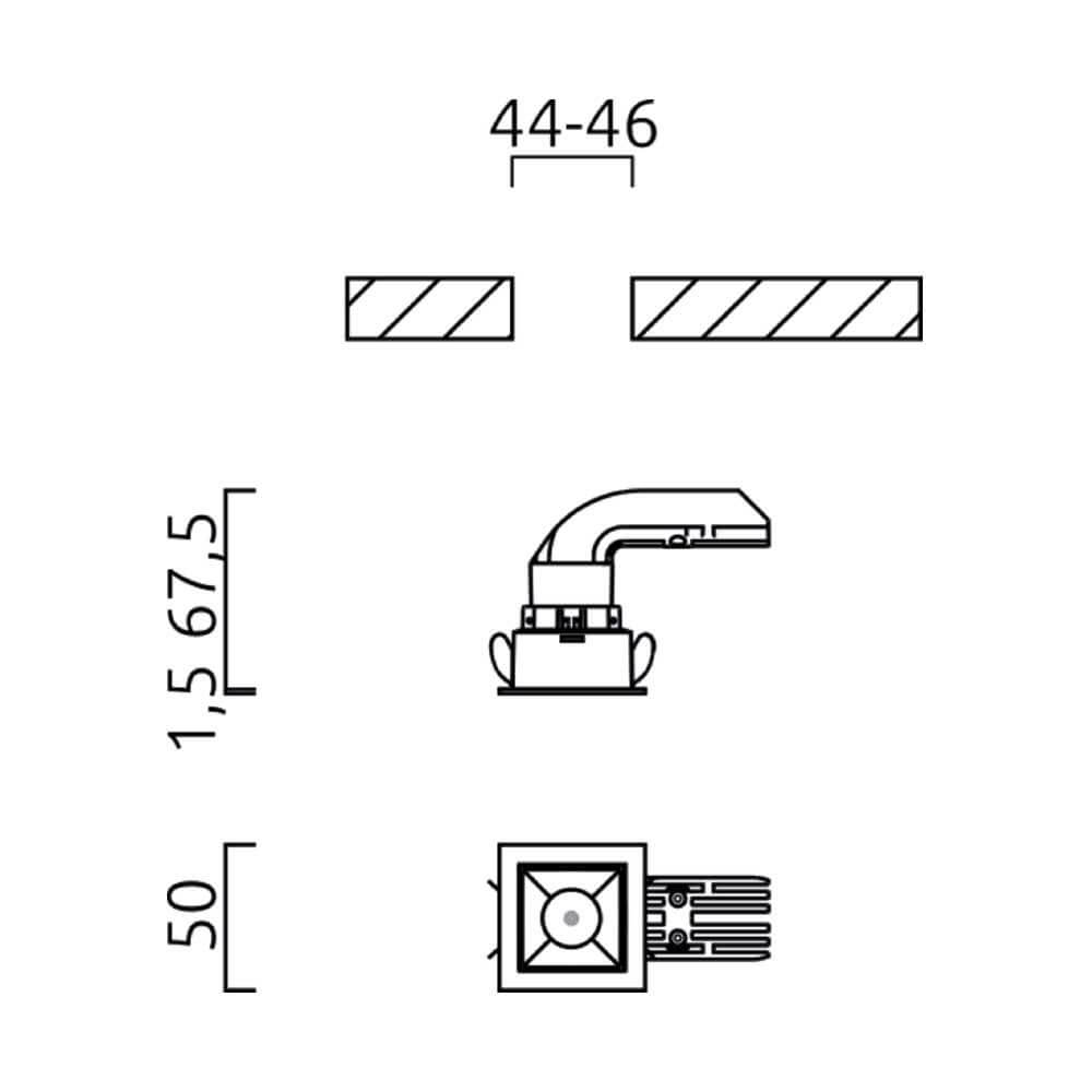Technische Zeichnung des Mini LED Einbaustrahlers PIC mit Maßen und Designangaben in minimalistischer Darstellung.