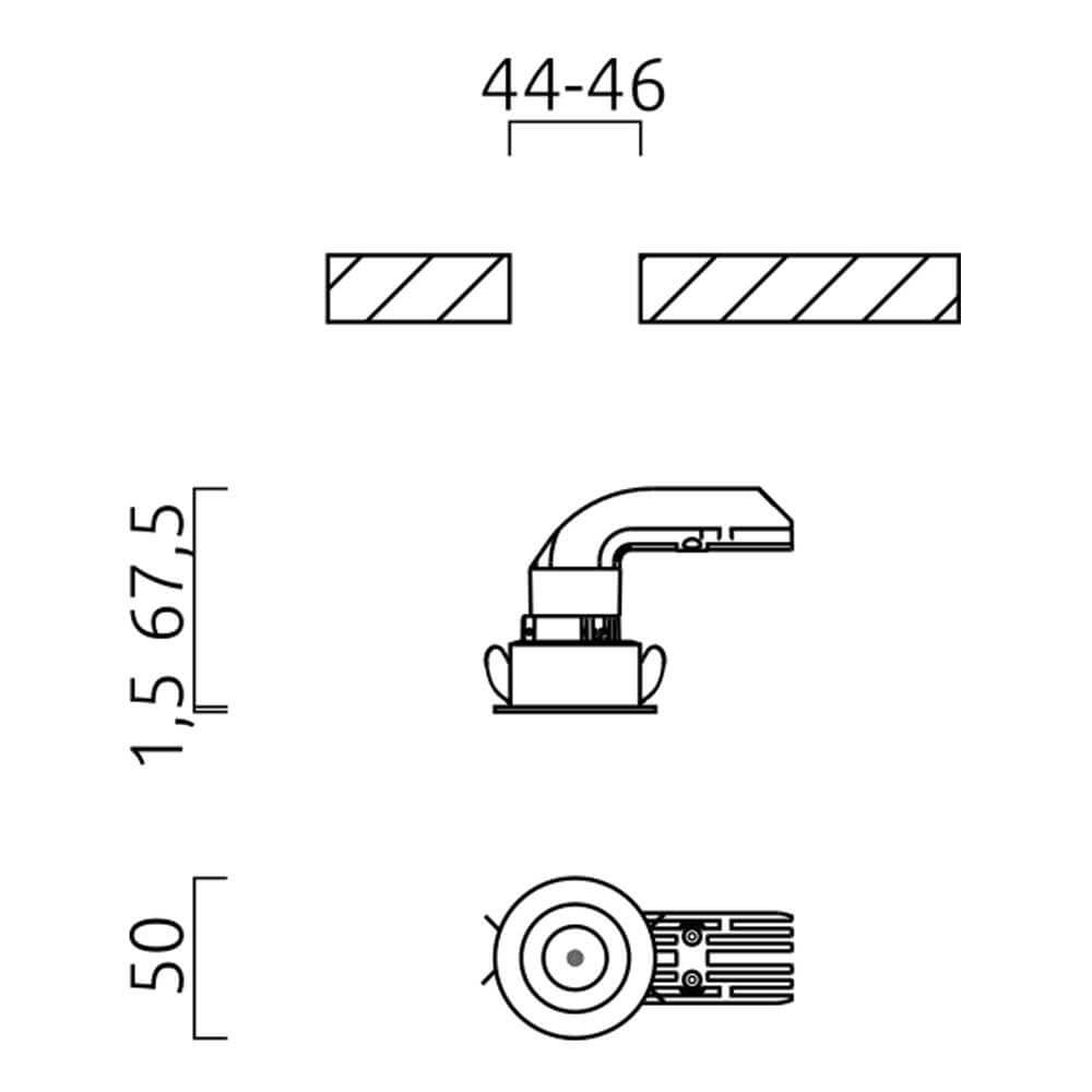 Technische Zeichnung für Mini LED Einbaustrahler PIC rund 500lm mit Abmessungen und Montagehinweisen.