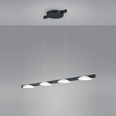 LED Pendellampe Pole Schwarz mit vier Leuchten, ideal für Esstische und Konferenzräume.