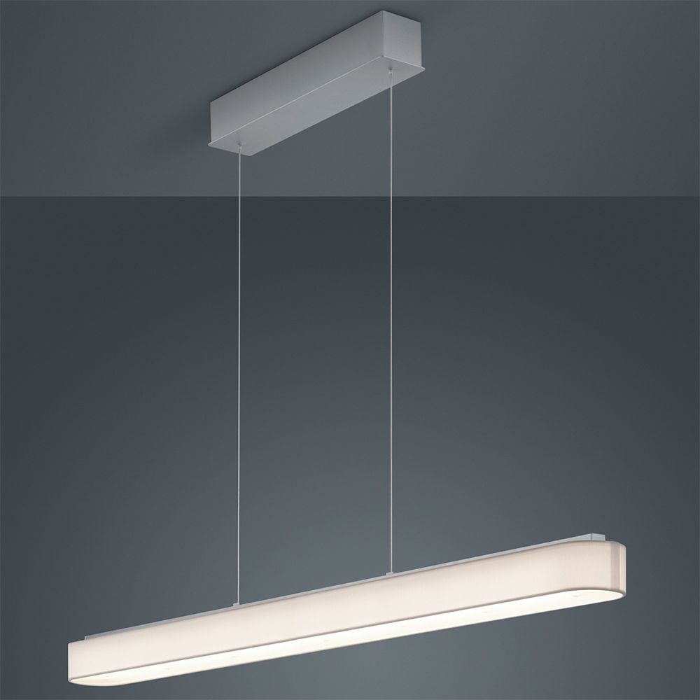 LED Pendelleuchte Boki Nickel-Matt, Weiß mit schmalem, weißem Stoffschirm und mattem Baldachin.