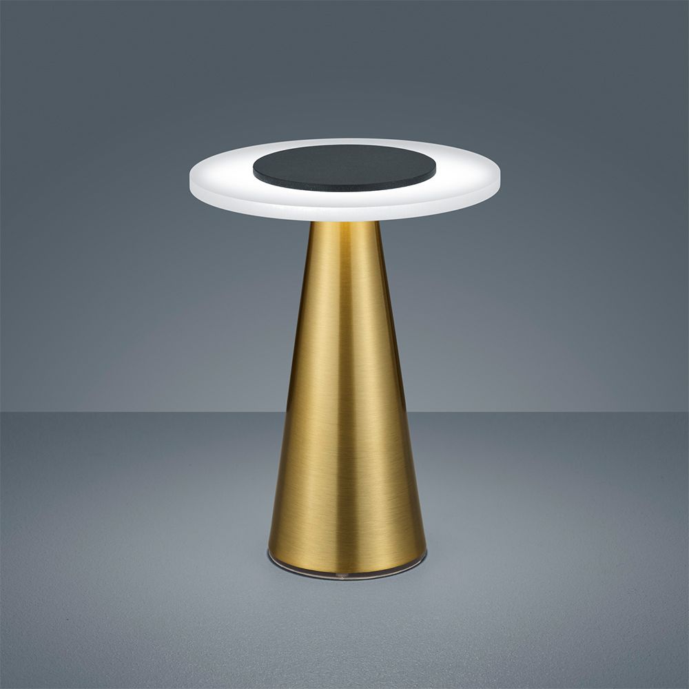 LED Tischleuchte Bax Messing, Schwarz mit modernem Design und Dimmer für Lichtintensität.