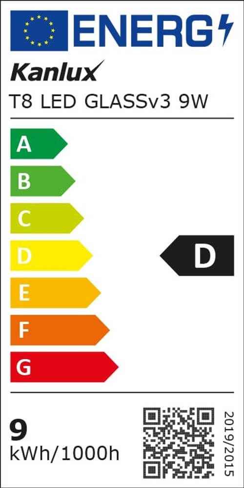 Energieverbrauchskennzeichnung für Kanlux T8 LED GLASSv3 9W mit D und 9 kWh/1000h.