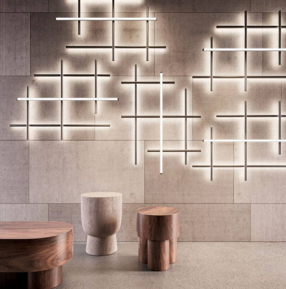 Panzeri Hilow LED pendant light in modern ambiance with creative light installations and elegant furniture.